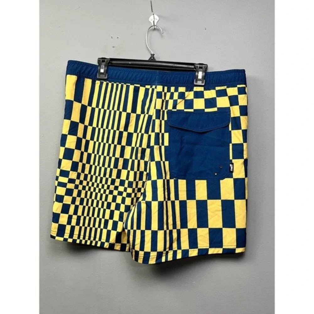 Neff Mens XL Board Shorts‎ Yellow Navy Blue Checkerboard Swim Trunks Drawstring